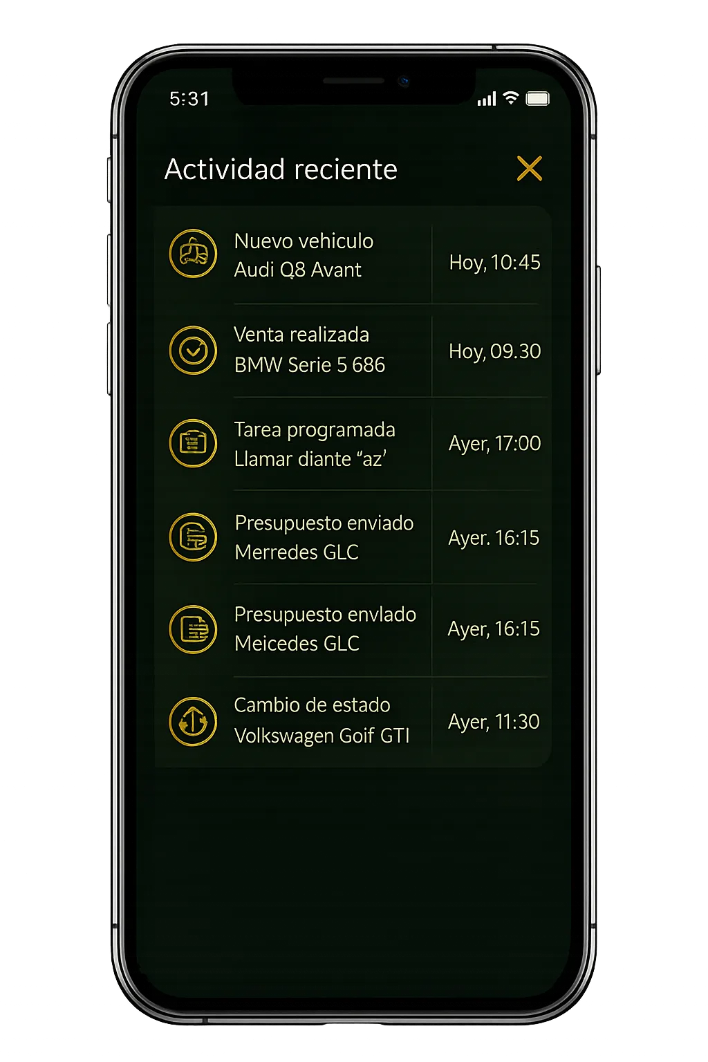 App móvil de Garum Car Gest — Actividad reciente